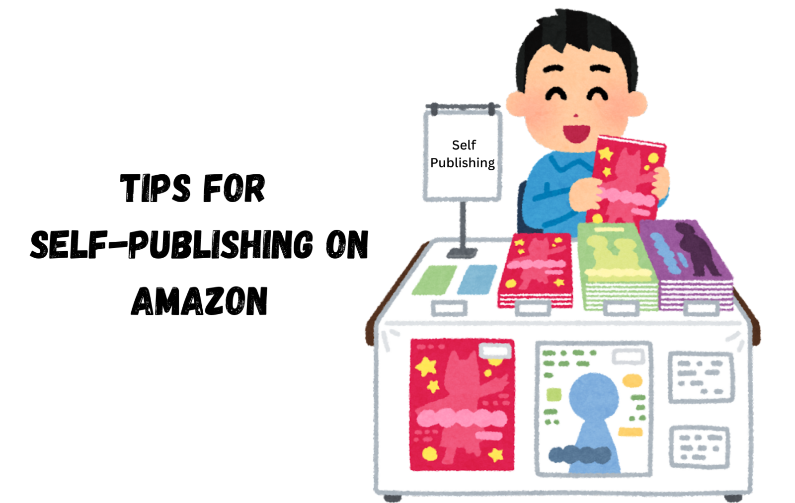 Tips for Self-Publishing on Amazon: graphics of boy holding book