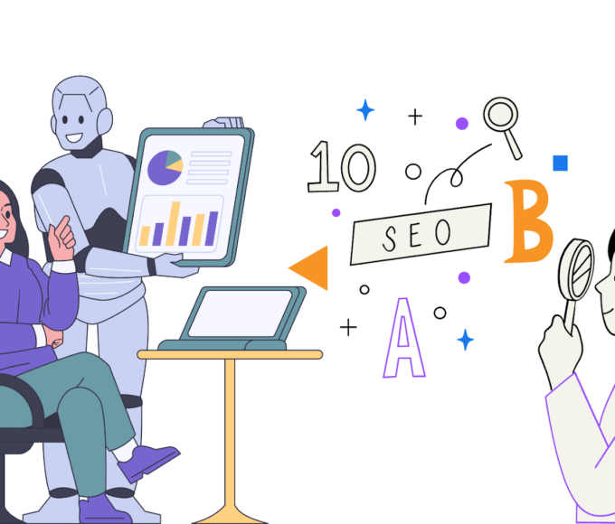 what is seo? Infographics of a robo and human working togather