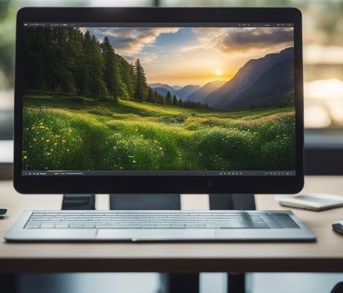 A computer screen displays digital art software and websites, with a stylus and tablet nearby for creating digital art