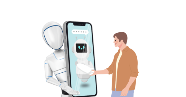 robot holding phone and human shaking hands with robot in the phone: graphics: AI Detectors Are Not Accurate