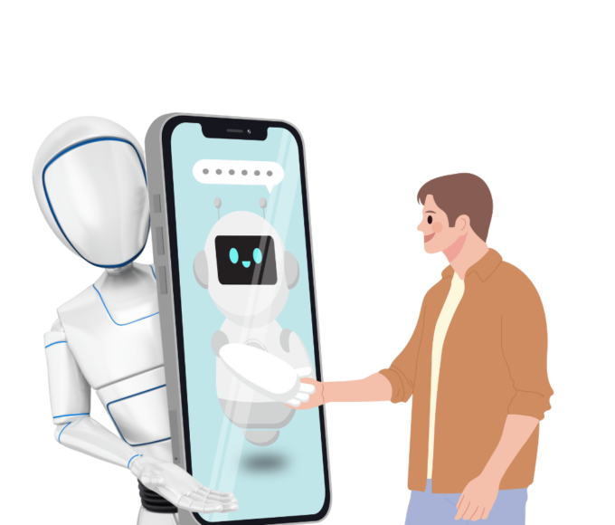 robot holding phone and human shaking hands with robot in the phone: graphics: AI Detectors Are Not Accurate